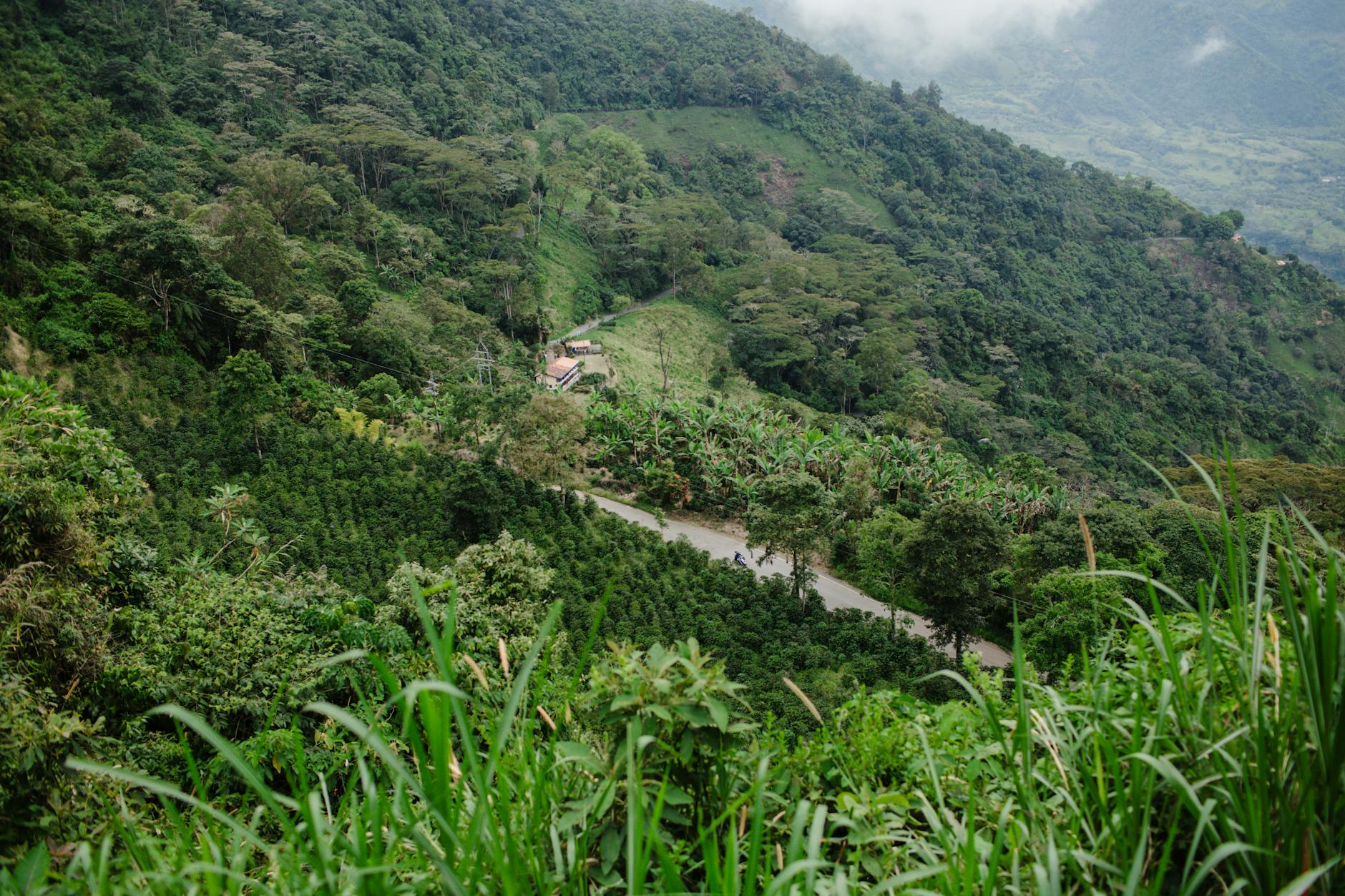 Stunning aerial view of lush green mountains and farm in Jericó, Antioquia, Colombia.