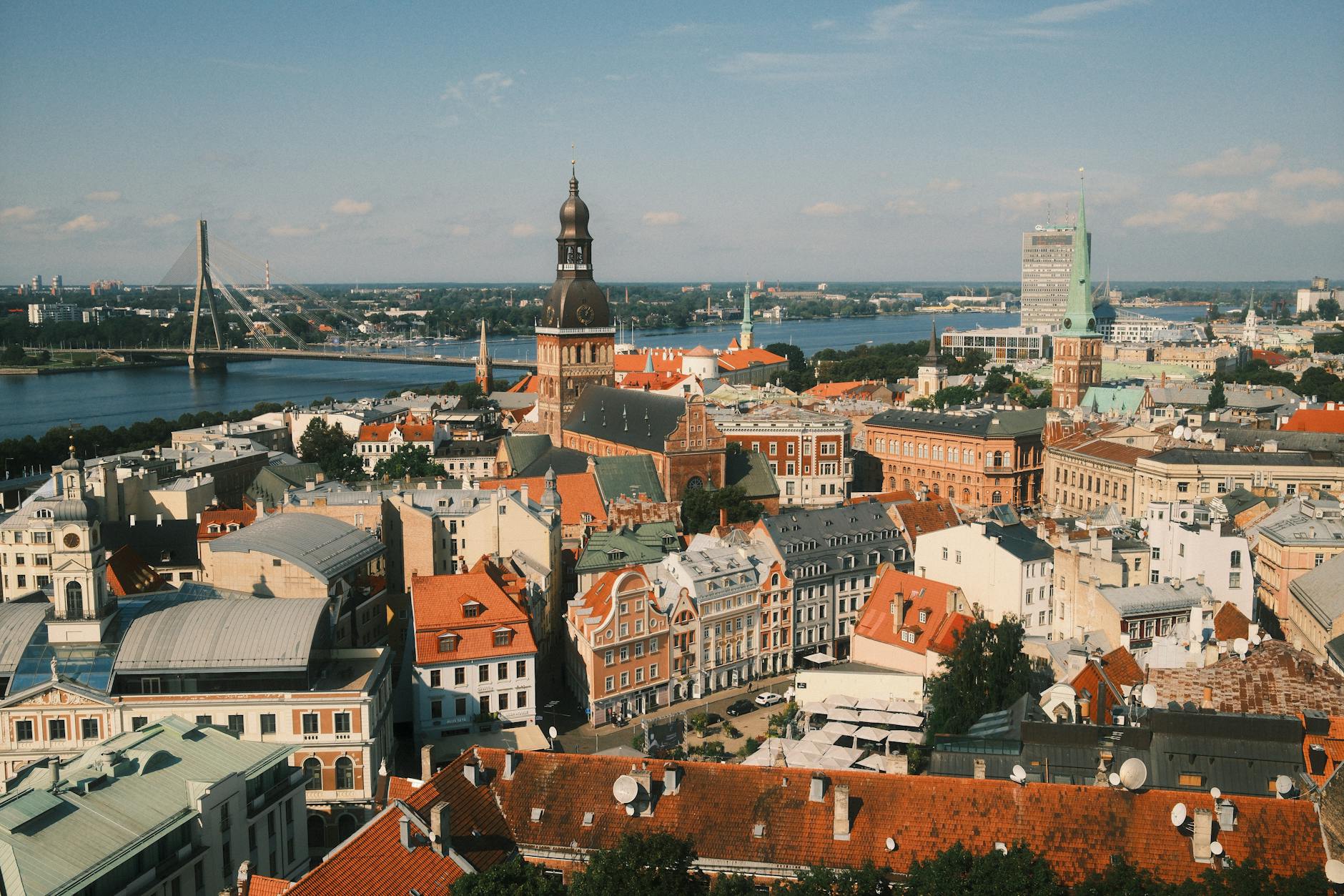 Stunning aerial photograph of Riga's historic center and Daugava River skyline in Latvia.