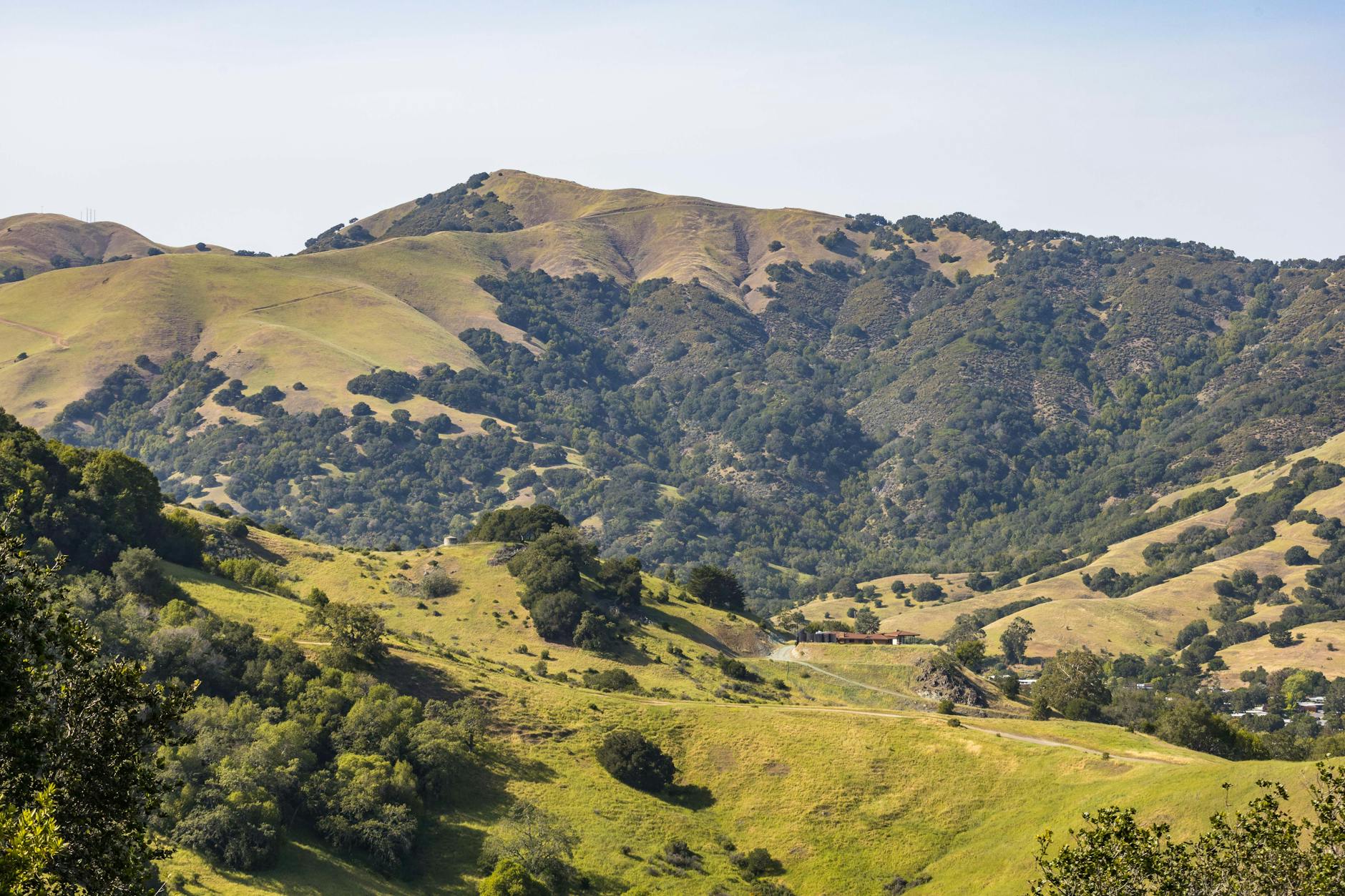Explore vibrant green hills under a clear blue sky during summer.