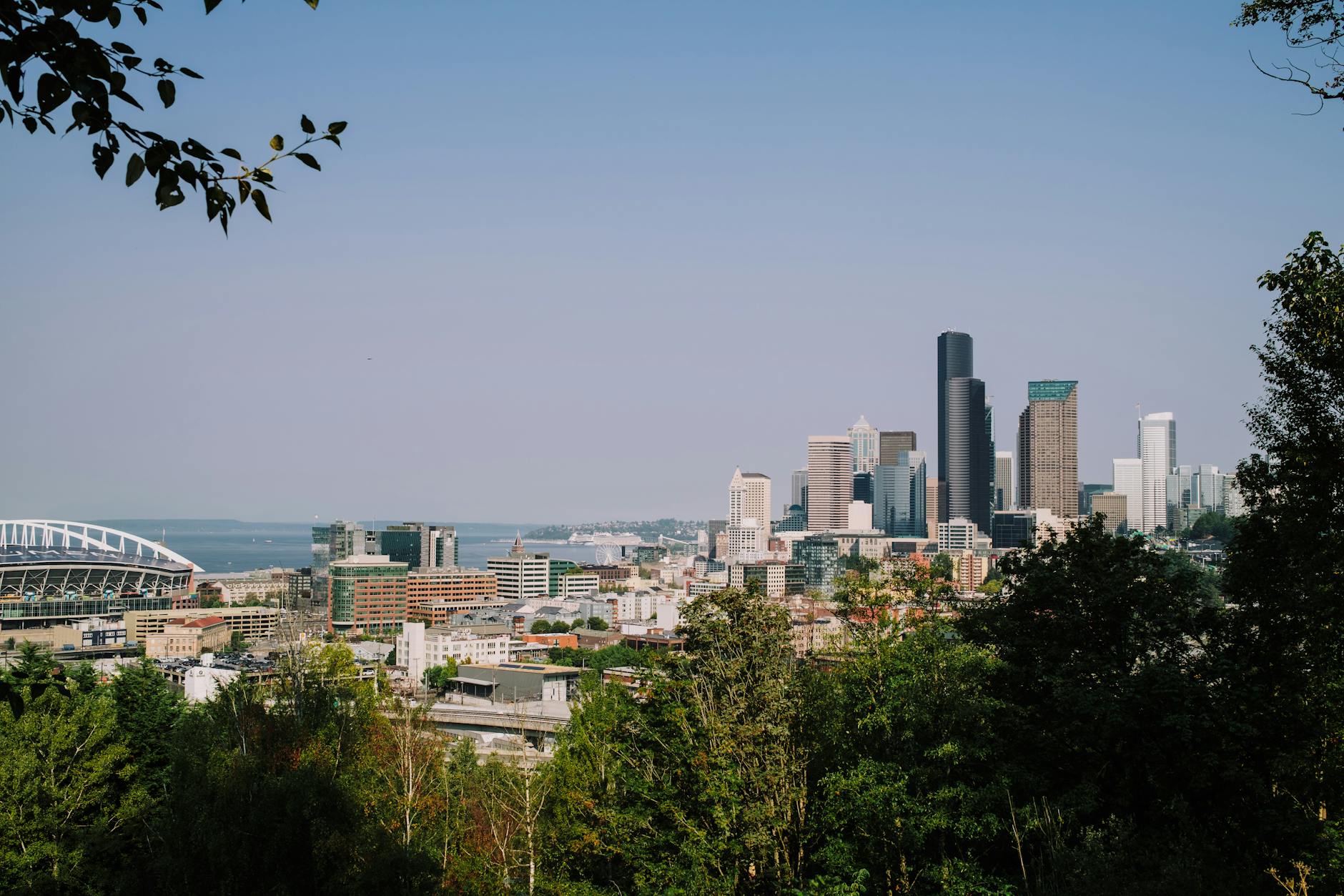 A panoramic view of Seattle's modern skyline with lush greenery in the foreground.