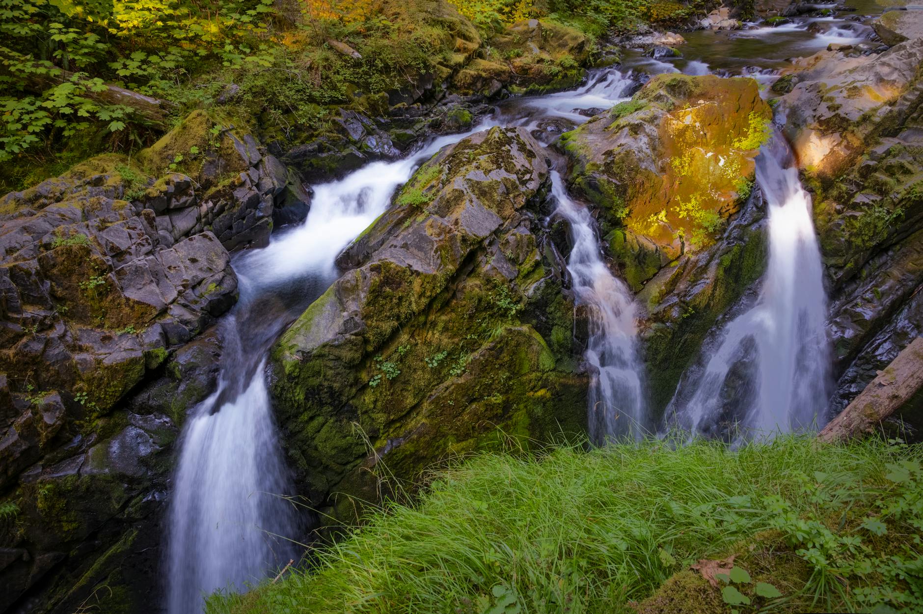 Serene waterfall cascading over rocks surrounded by lush greenery in Port Angeles, WA.