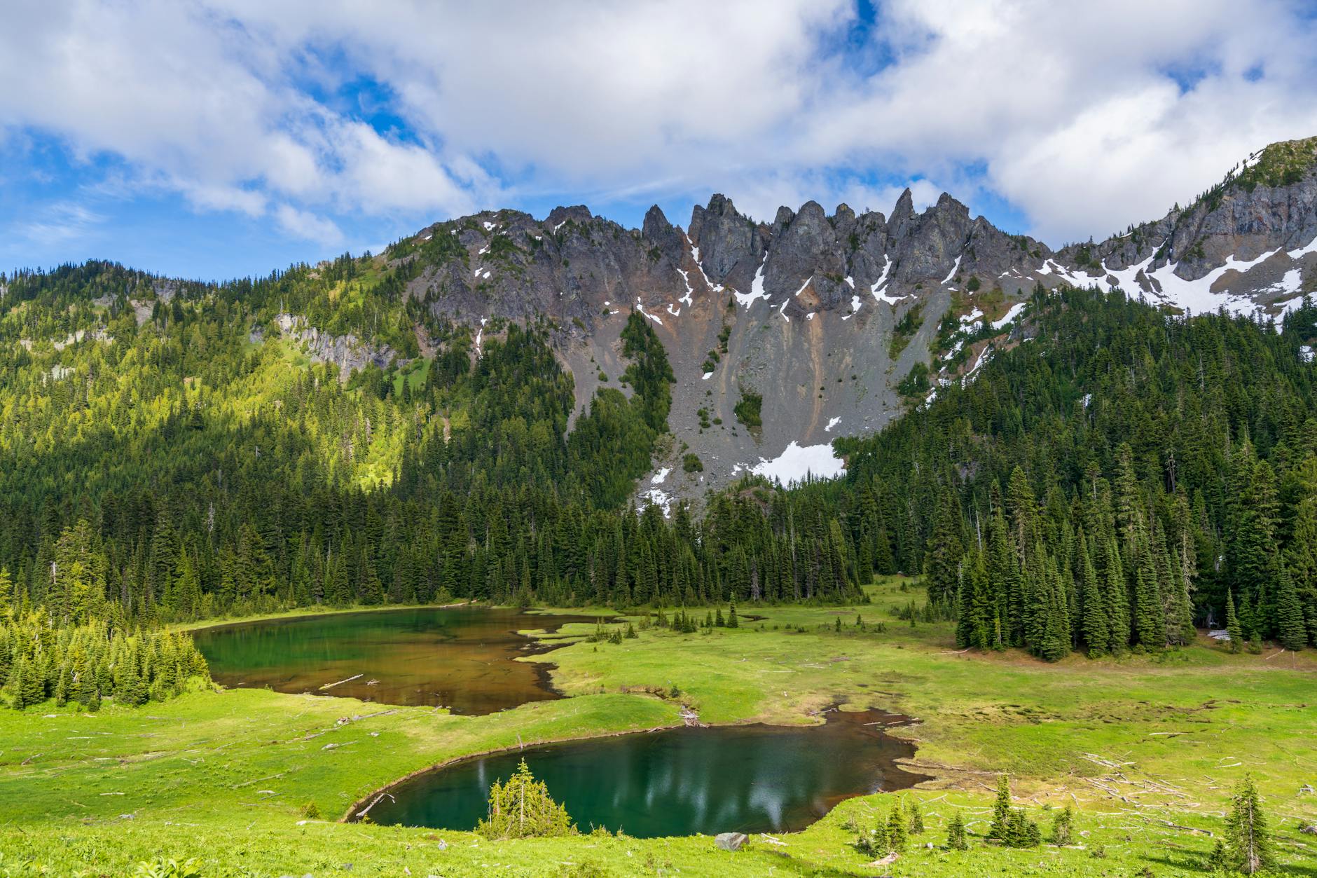 A stunning view of lakes and mountains at Mount Rainier National Park, capturing the vibrant summer landscape.
